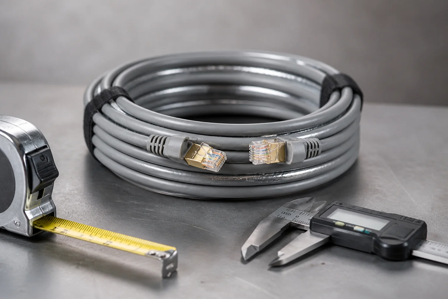 Coil of shielded Cat7 ethernet cable with tape measure and caliper on a workbench