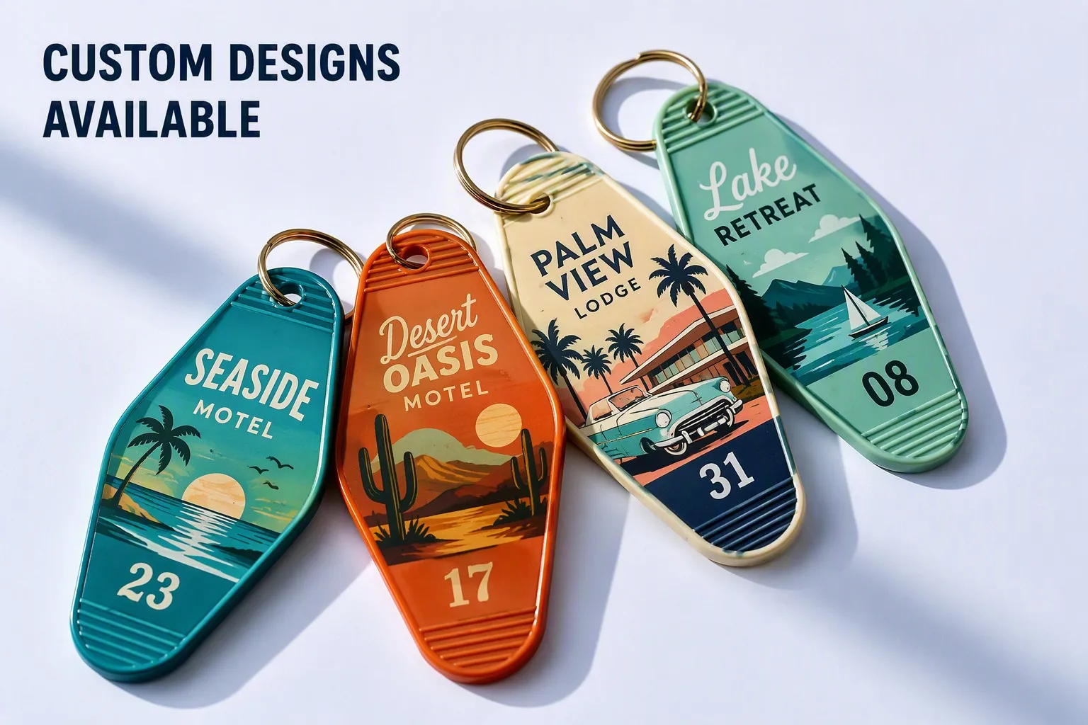 Multiple custom UV print vintage motel key tags — design variety