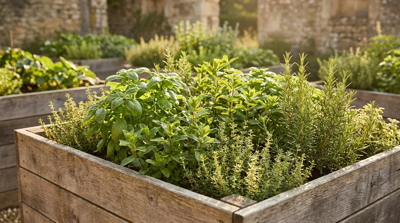 Lush summer herbs growing in raised wooden planters