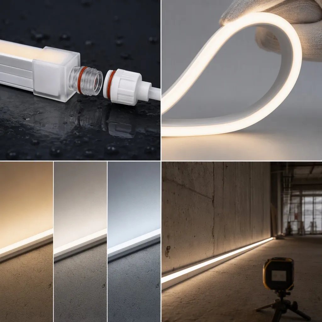 IP67 waterproof connector, flexibility test, colour temperature comparison and professional installation of 4x10mm neon flex