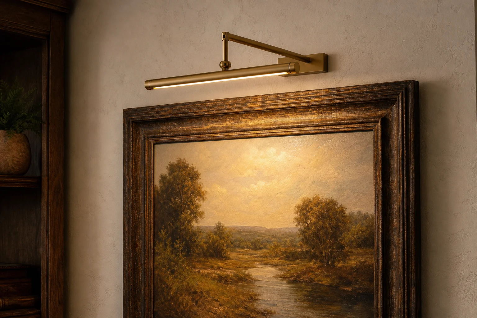 Antique brass rigid arm wireless picture light mounted above framed landscape oil painting showing clean frame clearance