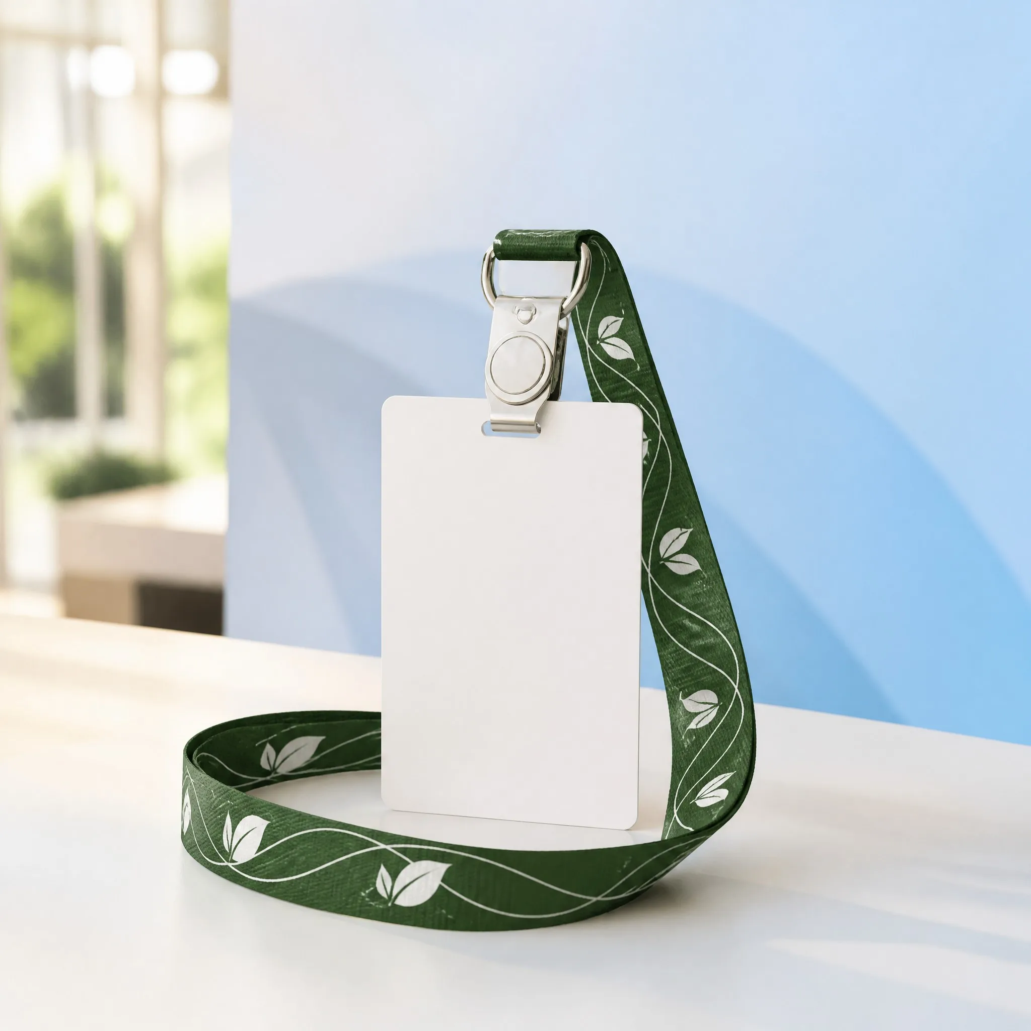 Eco lanyard with magnetic clip hanging from ID badge card at a green conference