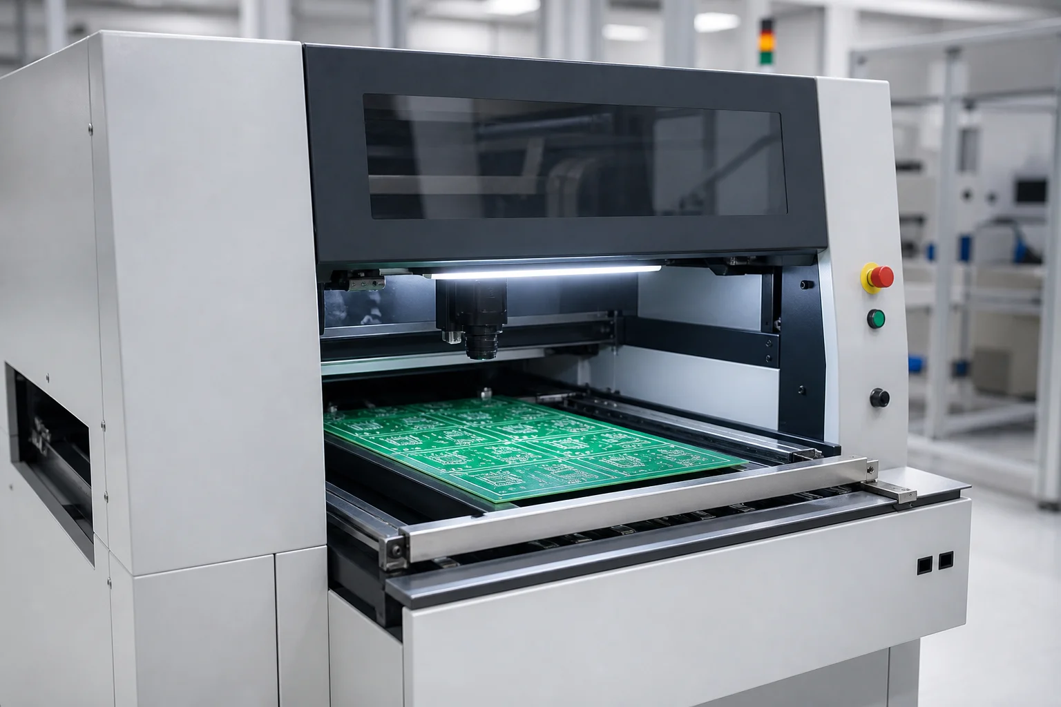 AOI machine inspecting a PCB on a conveyor