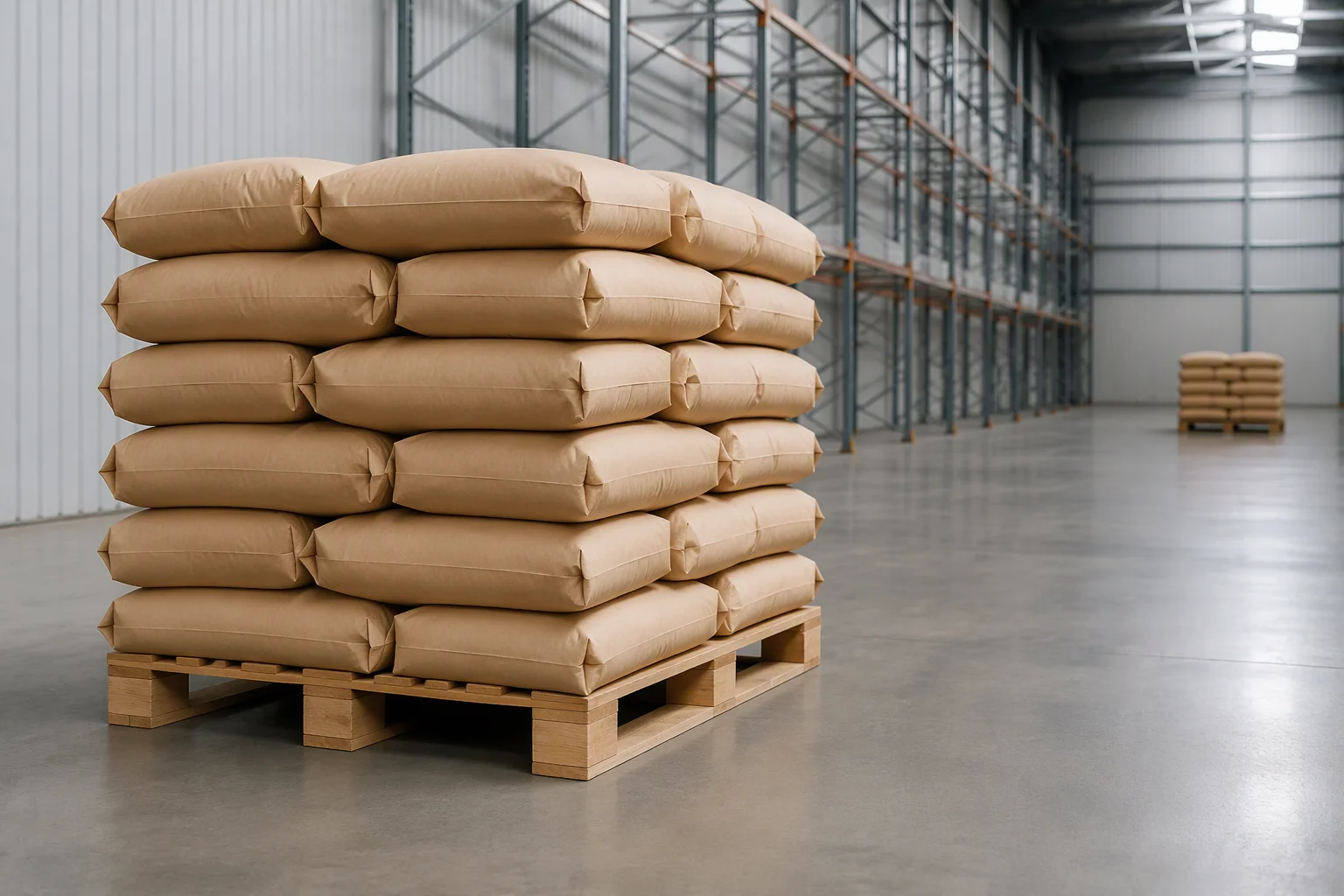 Bulk cat litter packed in 20 kg kraft paper sacks stacked on a wooden pallet for container loading