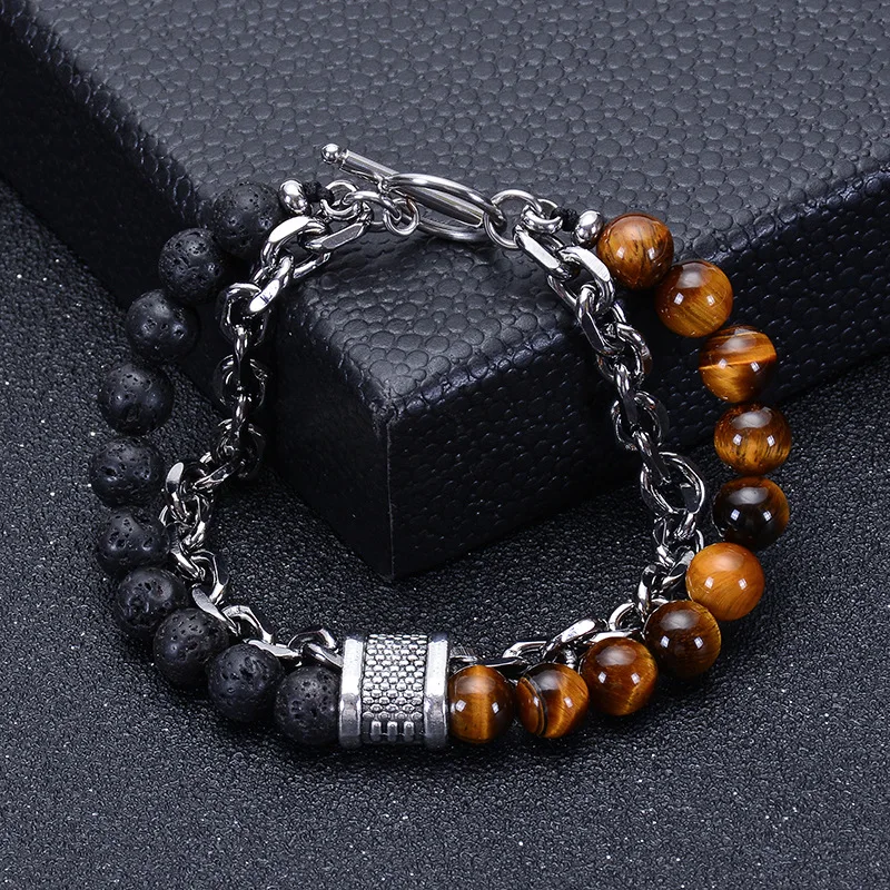 

Natural Blue Tiger Eye Gemstone Fashion Handmade Jewelry Natural Stone Men Beaded Bracelet Stainless Steel Cuban Chain Bracelet