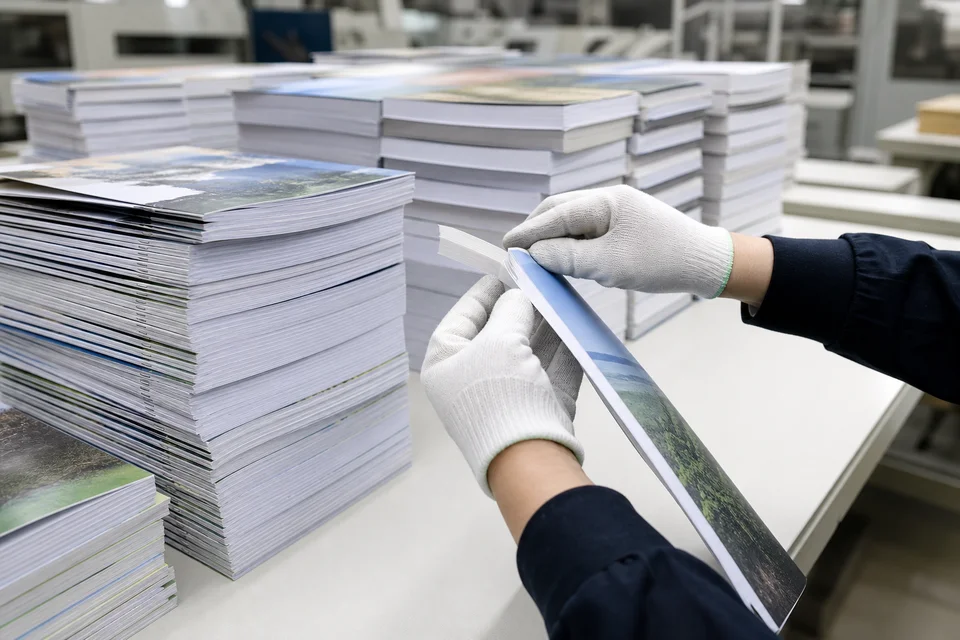 Stacked finished booklets ready for binding quality inspection