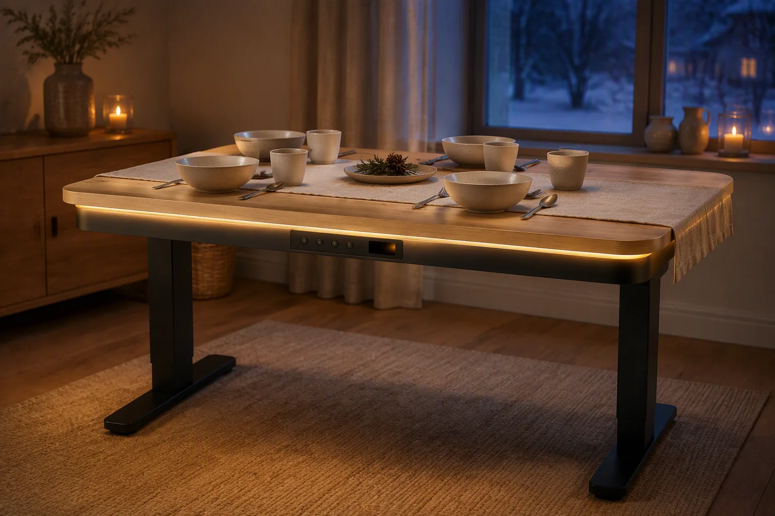 Heating table dressed for a winter dinner with under-tabletop warmth