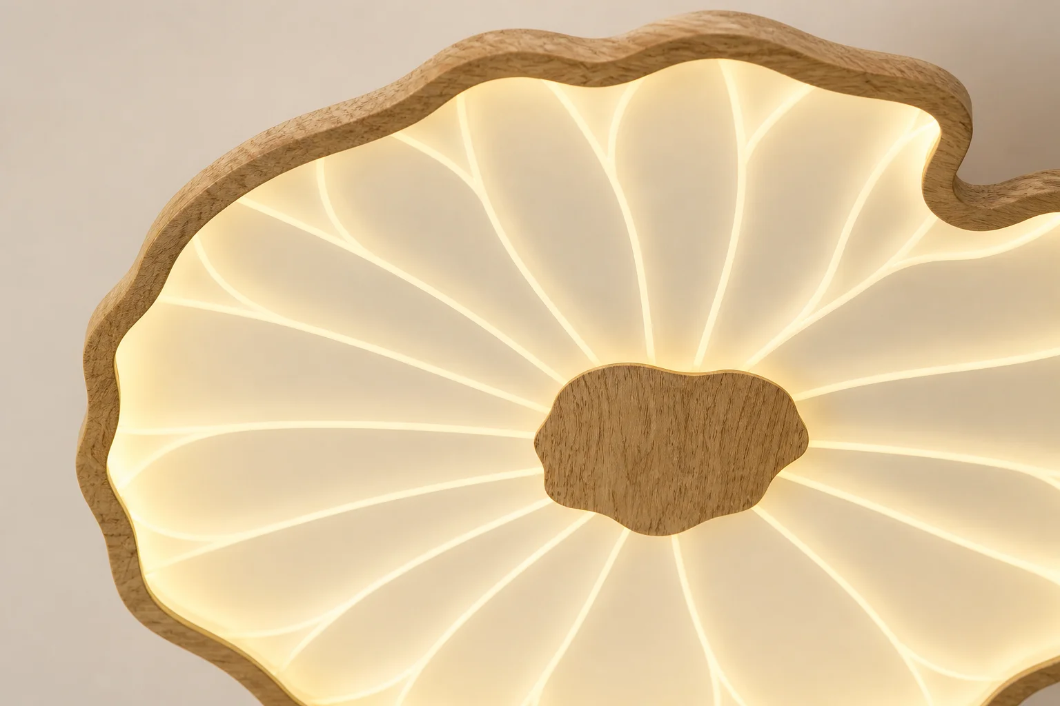 Close-up craftsmanship details of the Lotus Leaf ceiling light showing wood grain rim, center core, and radial luminous veins