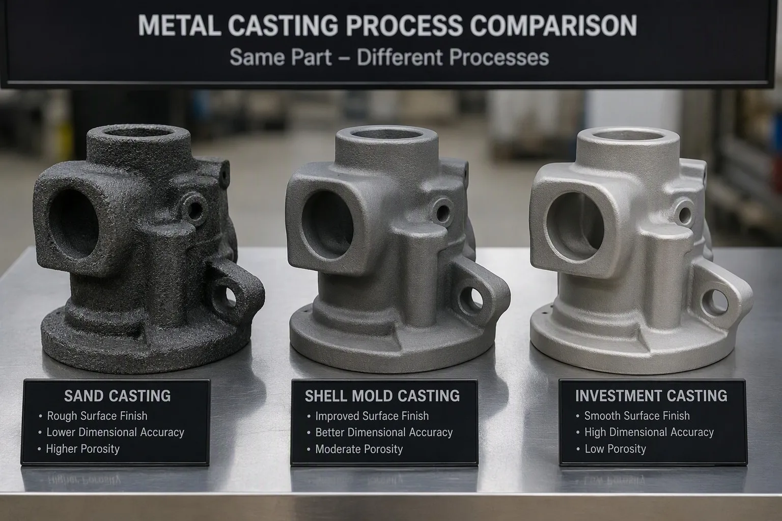 Side-by-side comparison of sand, shell mold, and investment castings showing surface finish differences