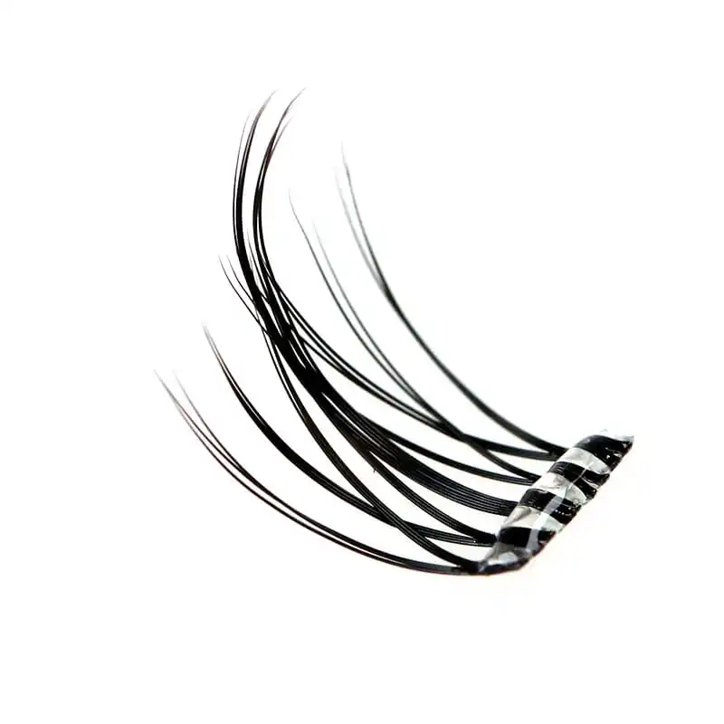 Macro of a single pre-glued segment lash cluster showing the W-shape fan construction and the clear pre-glued band base on a white background - pre-glued segment lash cluster detail