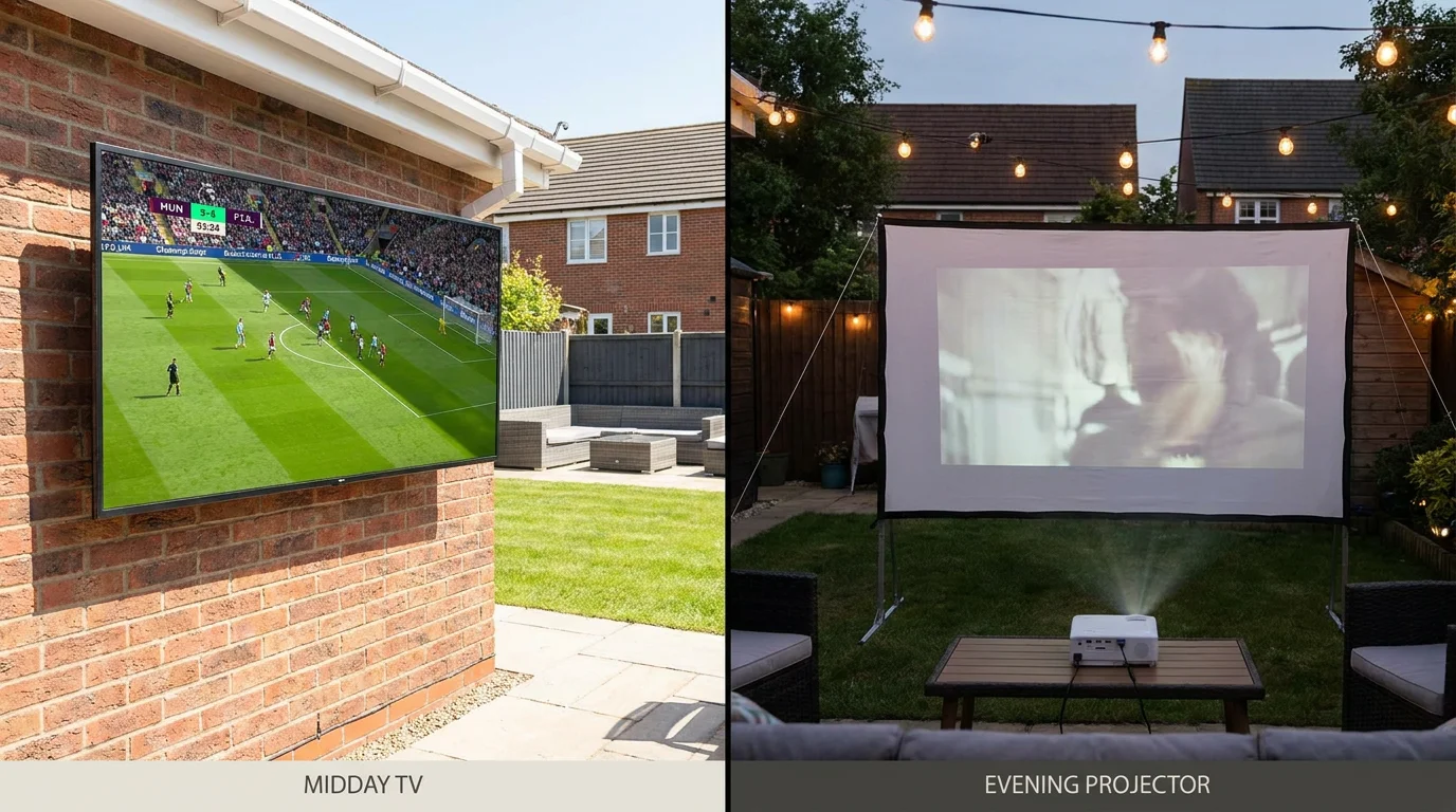 Outdoor TV vs outdoor projector side-by-side brightness comparison