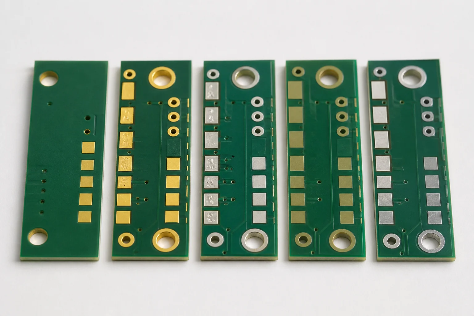 PCB fragments showing different surface finishes