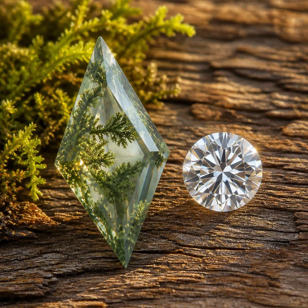 Macro comparison of Moss Agate and Round Lab-Grown Diamond