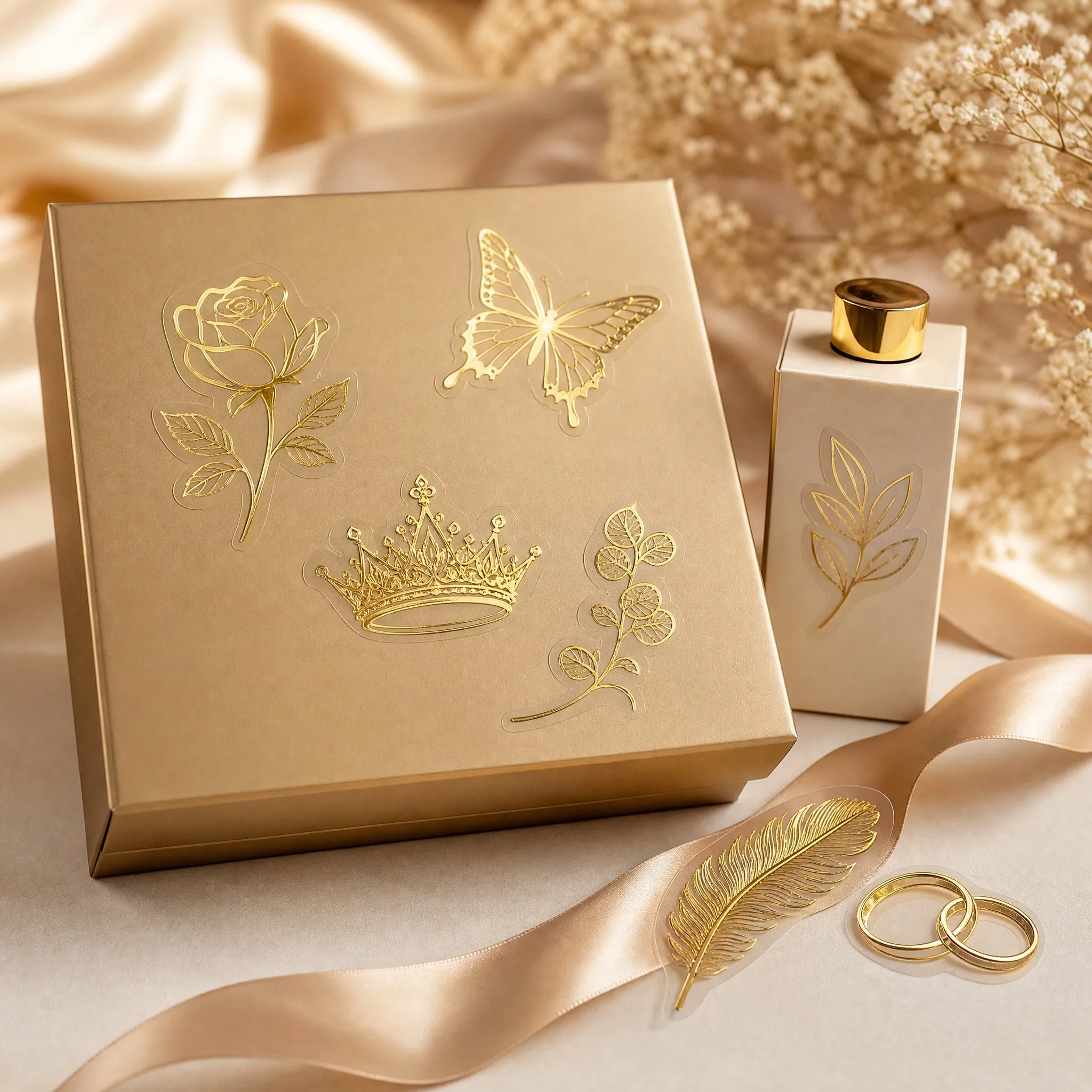 Gold foil stickers on a gift box and perfume bottle with ribbon