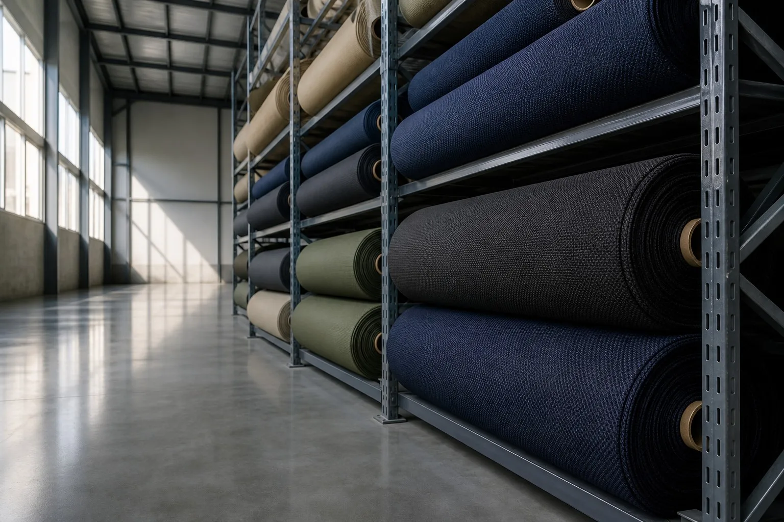 Rolls of navy, charcoal and olive polyester oxford fabric stored on steel racks in a textile warehouse