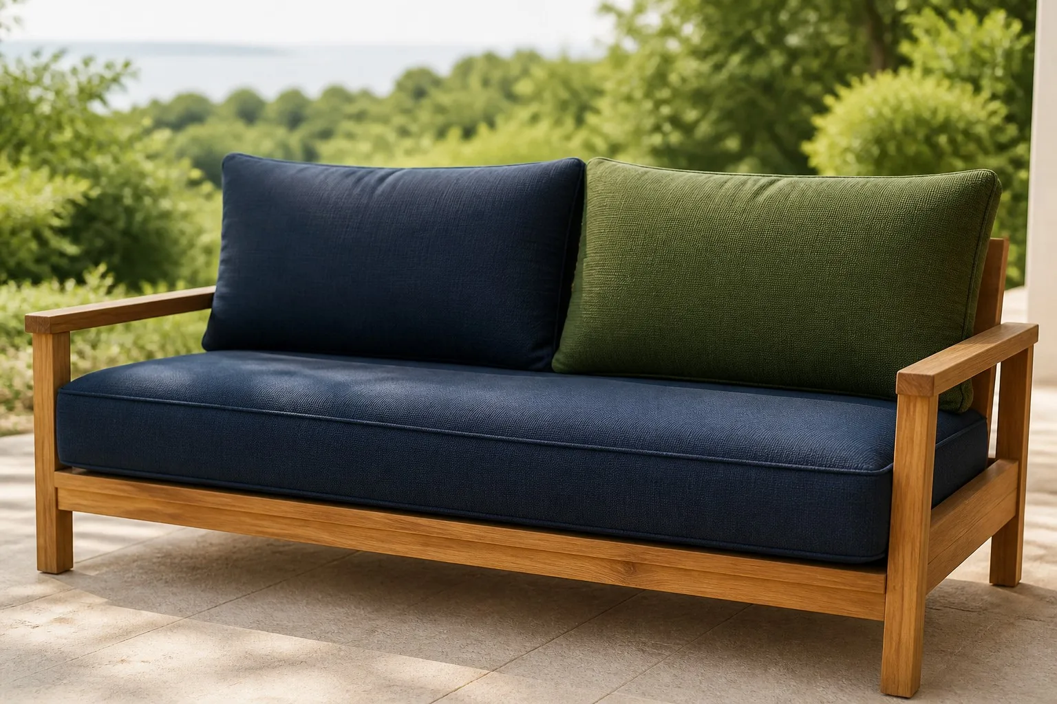 Deep navy and olive oxford cushions arranged on a teak outdoor sofa in natural daylight