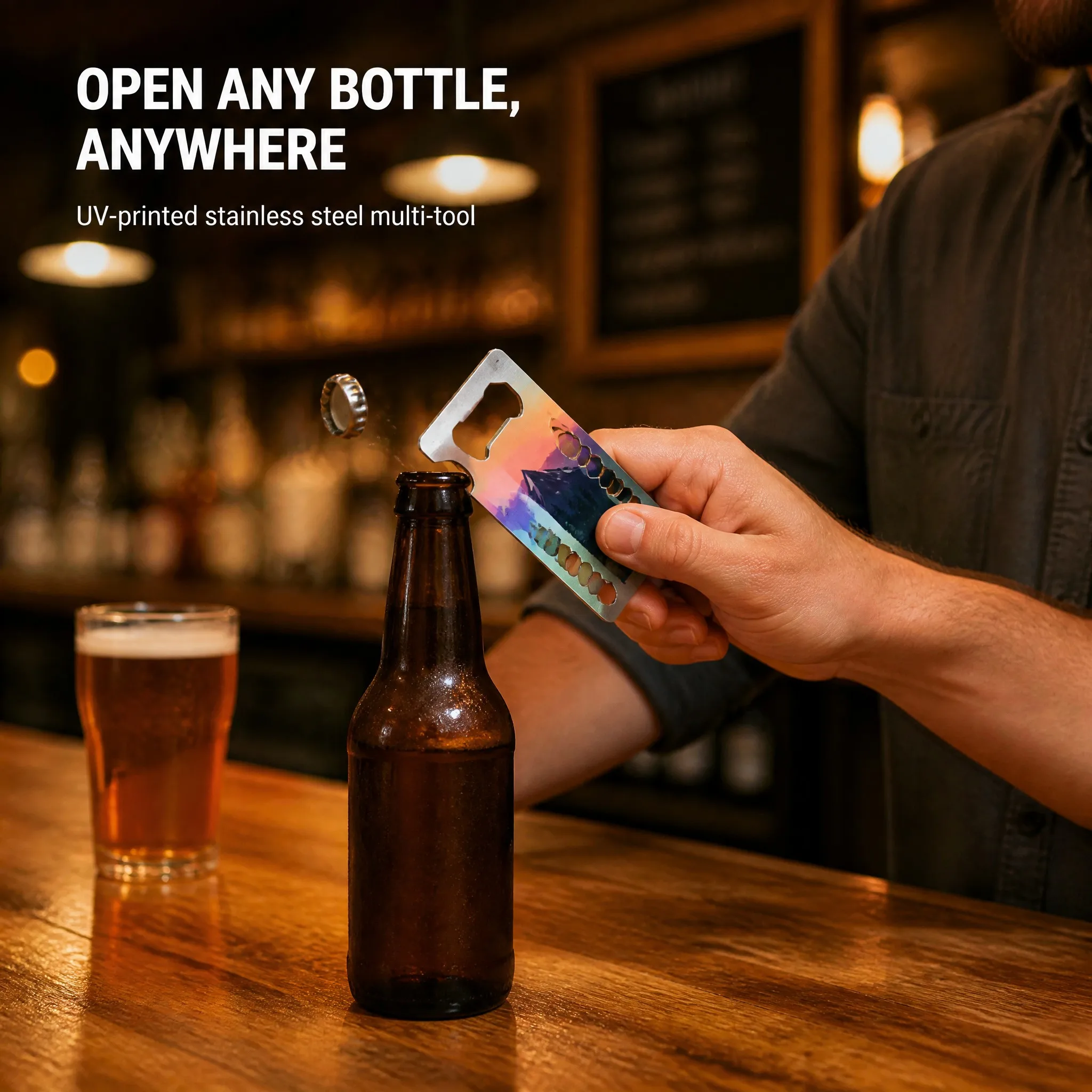Using the UV printed bottle opener on a beer bottle at a bar
