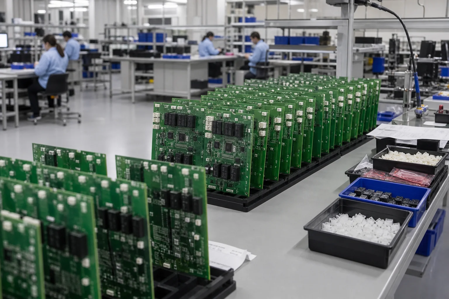 THT assembly area with through-hole boards in work racks