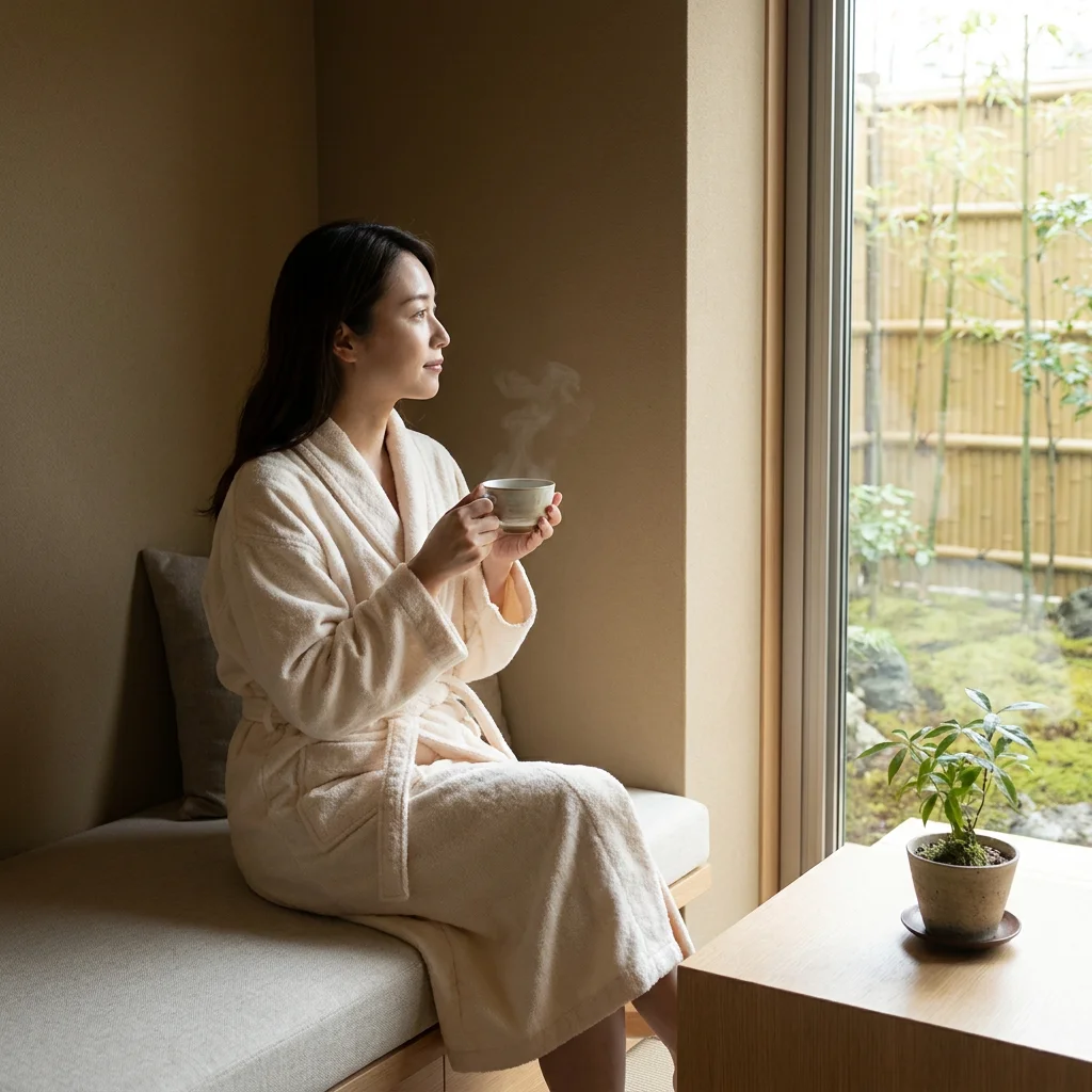 Femme en peignoir gaufré dégustant une tasse de thé dans une ambiance calme et zen