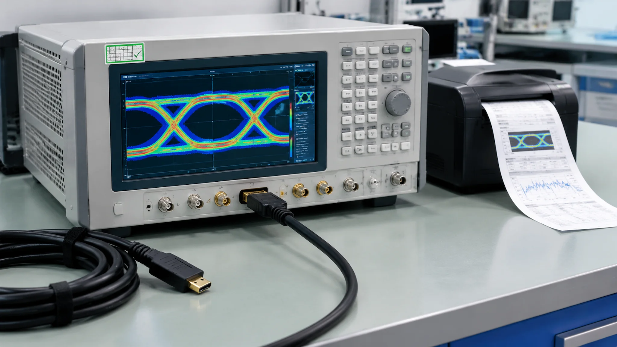 HDMI signal analyzer showing an eye diagram with a printed test report