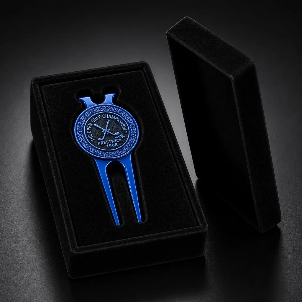 Royal blue divot tool in black velvet gift box