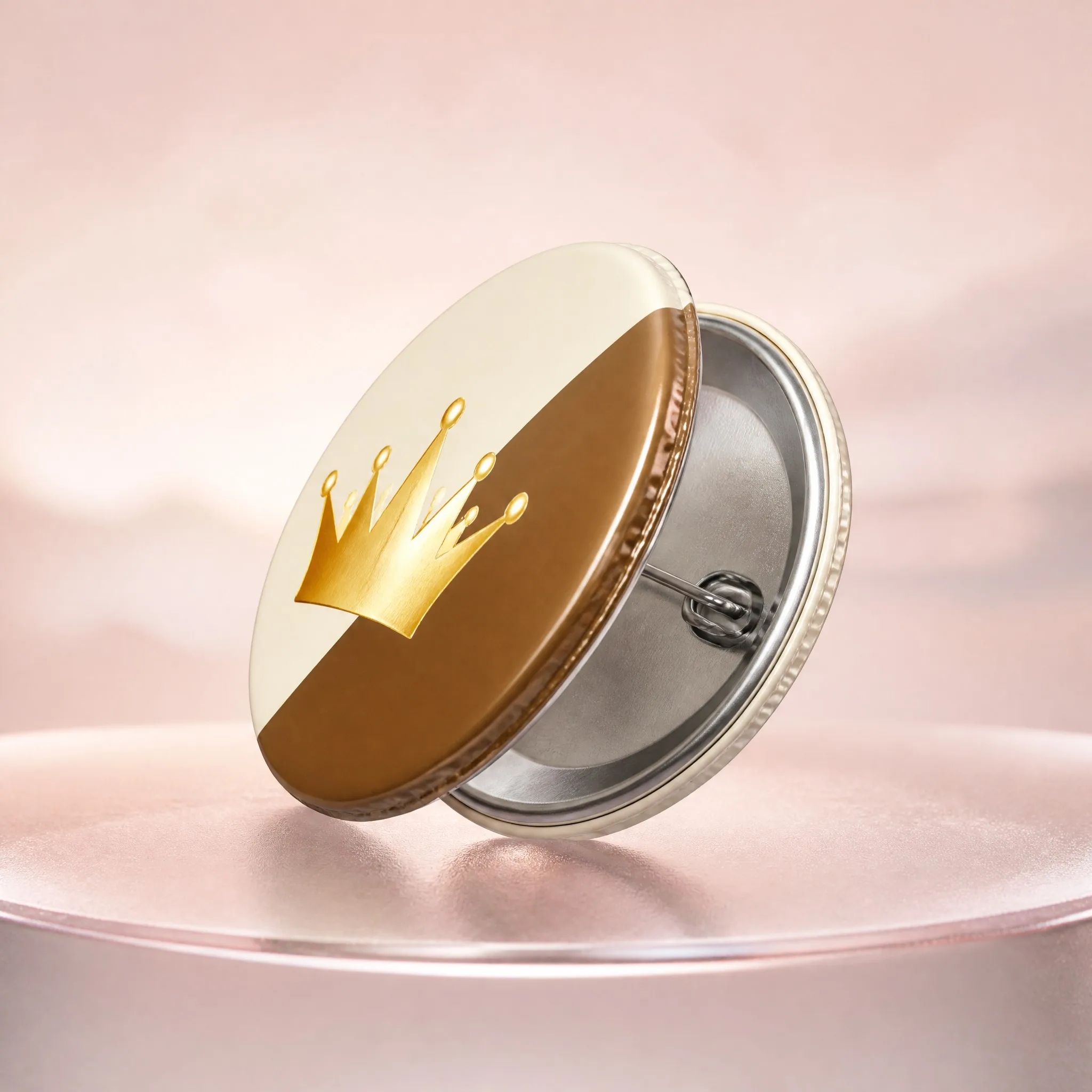 Side view gold foil pin back button badge profile