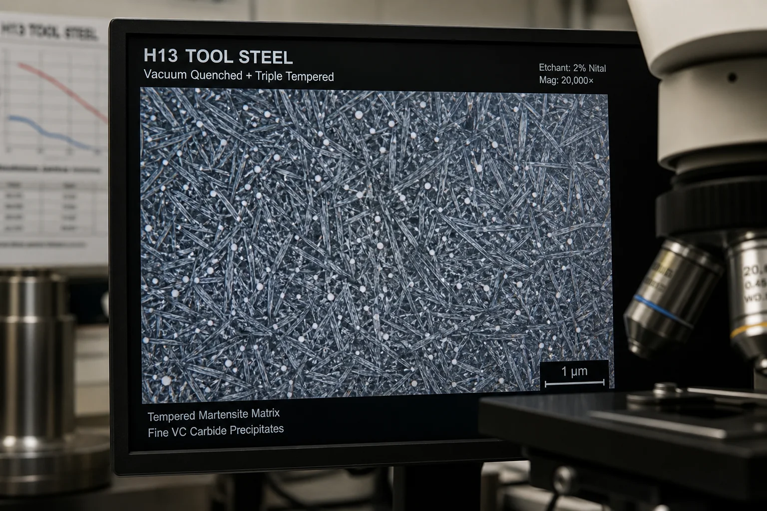 Metallographic microstructure of vacuum-quenched and tempered cast H13 tool steel