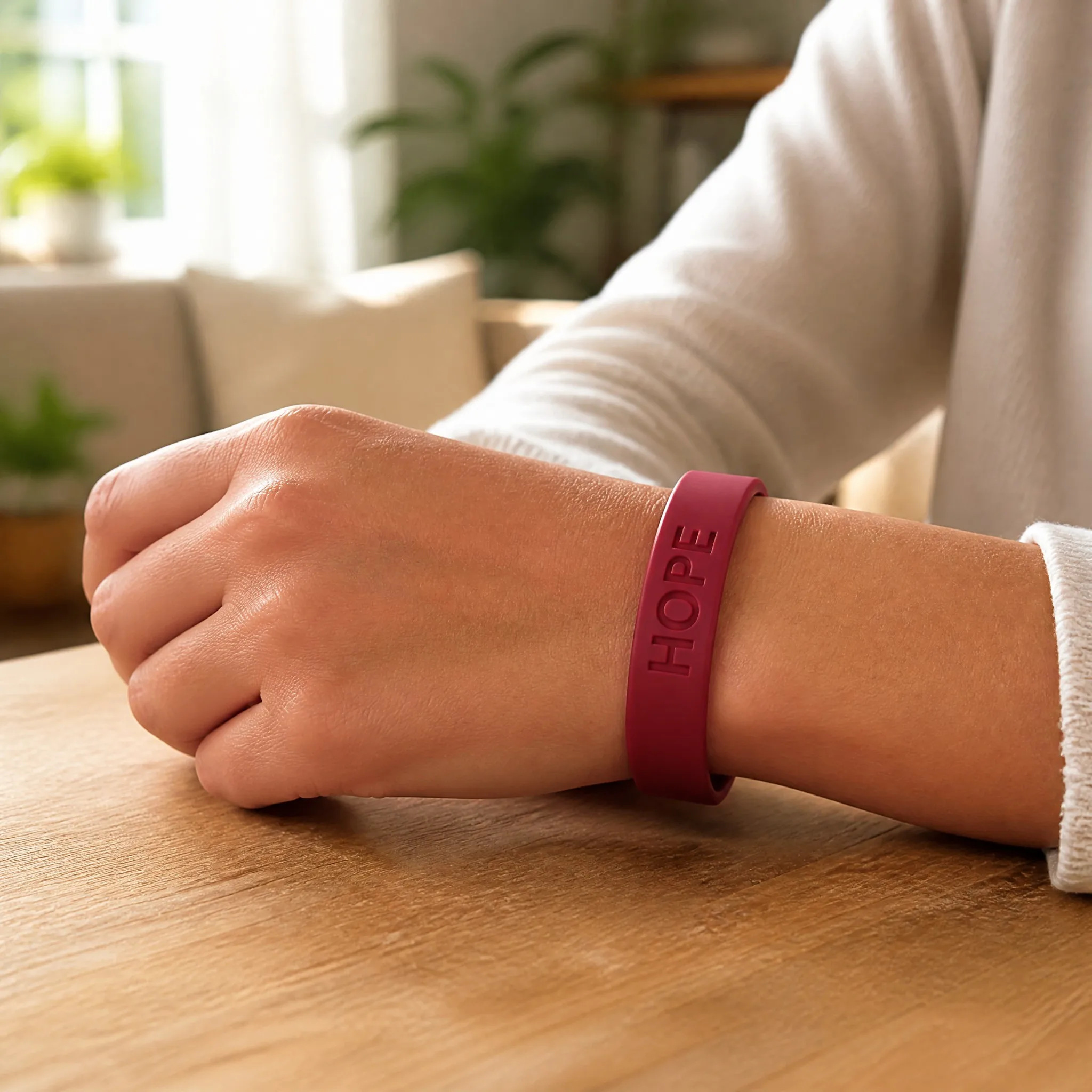 Custom embossed silicone bracelet worn on wrist in daily scene