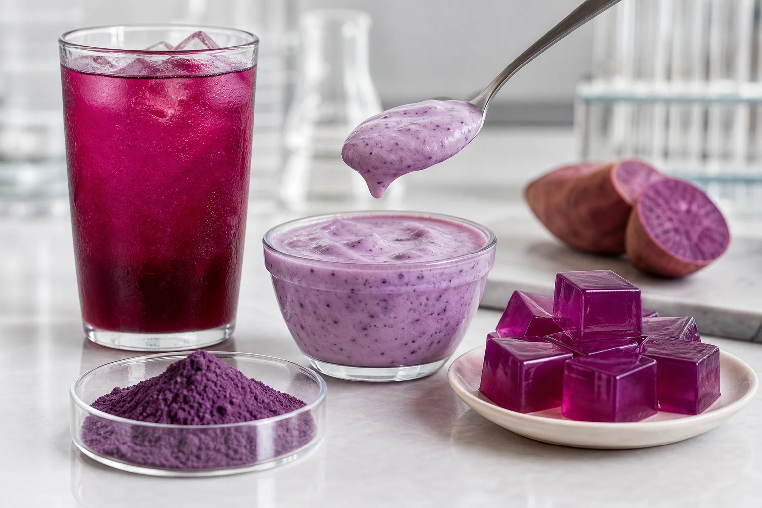 Purple sweet potato beverage yogurt and jelly applications