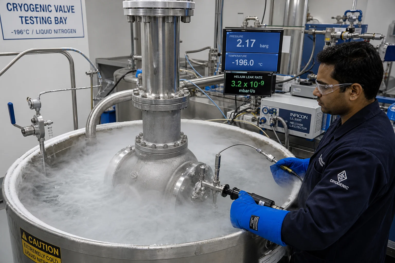 Cryogenic testing tank with liquid nitrogen at -196 degrees Celsius and helium leak detector