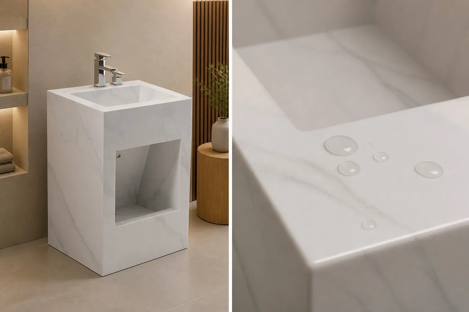info-1-1 Close-up of a sintered stone wudu basin surface with water drops beading