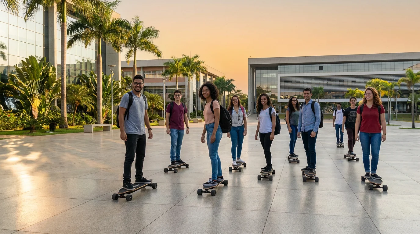 Universitarios brasileiros em skates eletricos VYRON no campus universitario