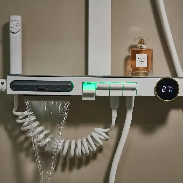 Circular Digital Display Gauge and Broad Waterfall Spout digital-display-white-shower-set-waterfall