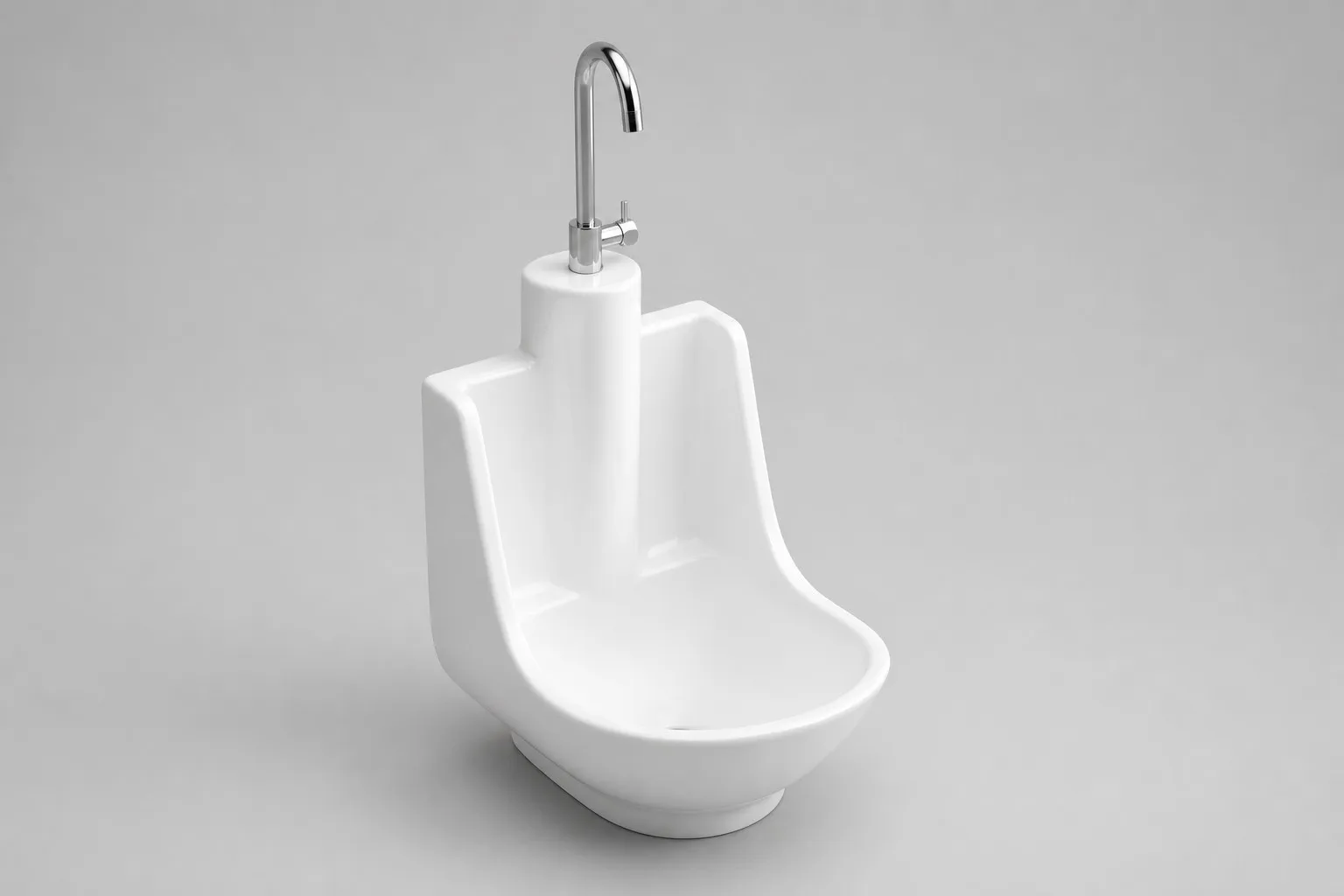 Tall white ceramic wudu basin with a raised faucet column
