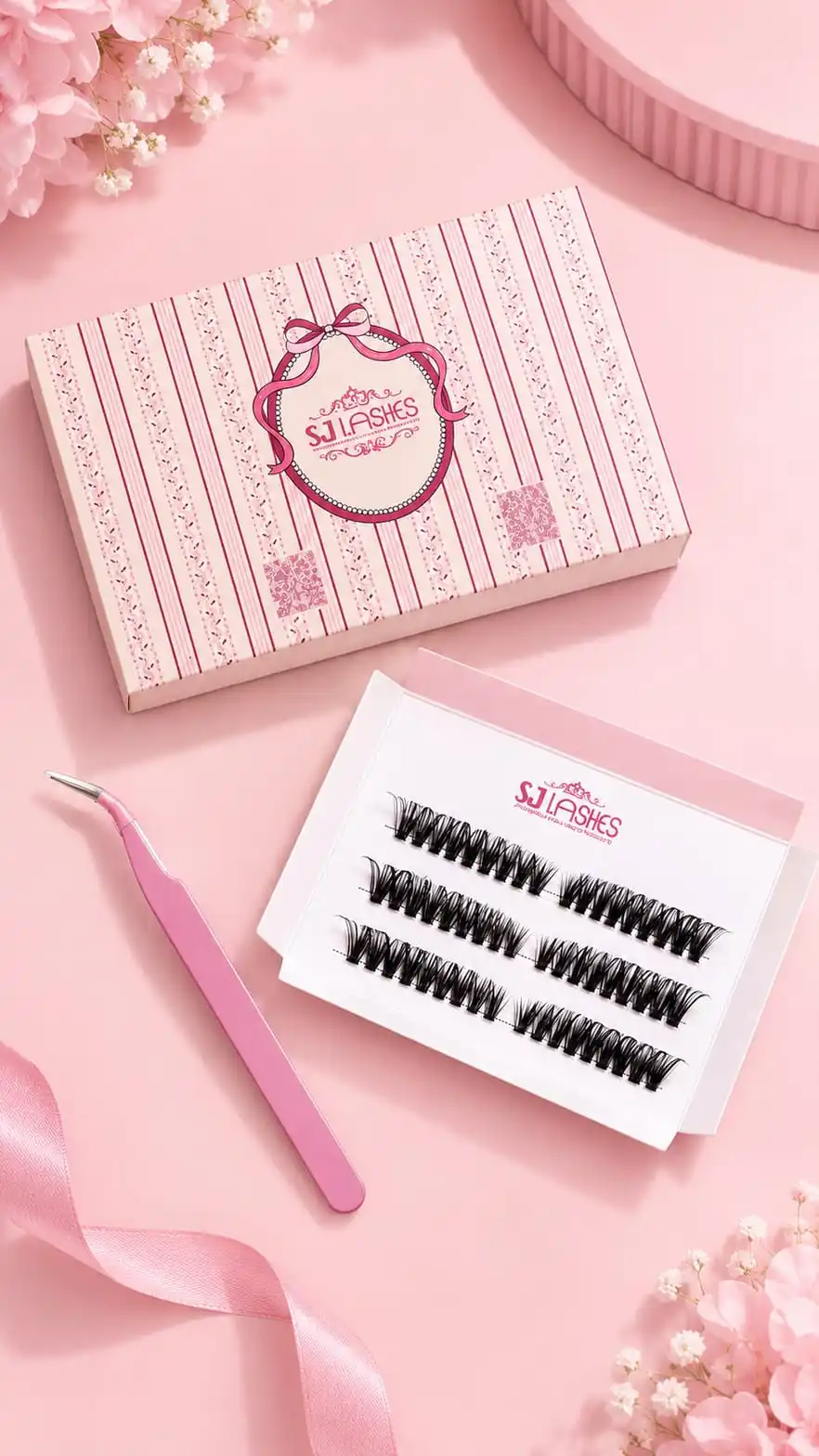 Pink card and sleeve lash box and lash card flat laid on a pink background with pink ribbon, paper flowers and pink tweezers - lash packaging flat lay