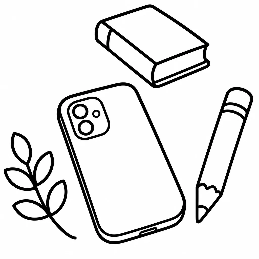 Bold and easy line art of an evening tabletop with a lamp and a phone face down