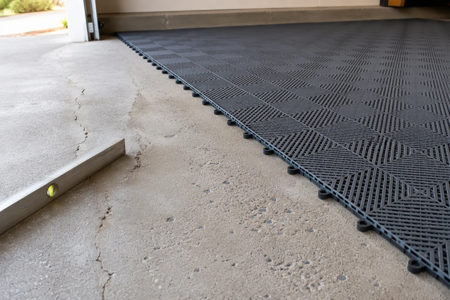 Interlocking garage floor tiles laid over an uneven concrete garage slab with a crack