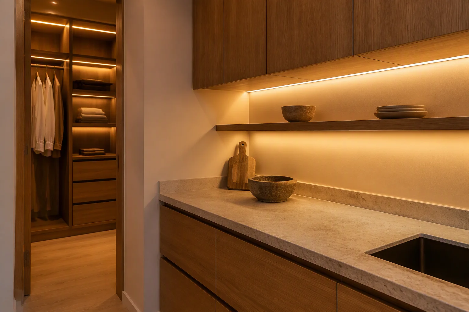 3000K warm white LED strip lighting creating a cosy golden glow in a living room