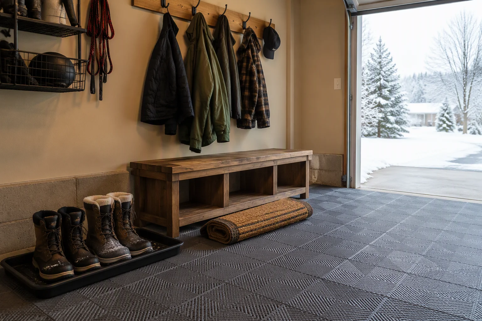 Garage mudroom corner with interlocking garage floor tiles, boot tray and bench