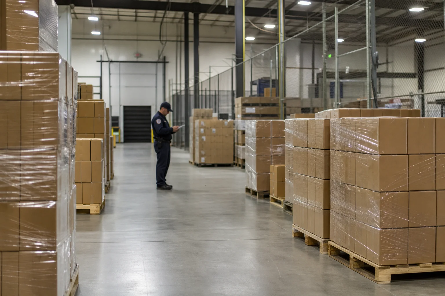 Bonded customs warehouse with palletized cartons under industrial lighting