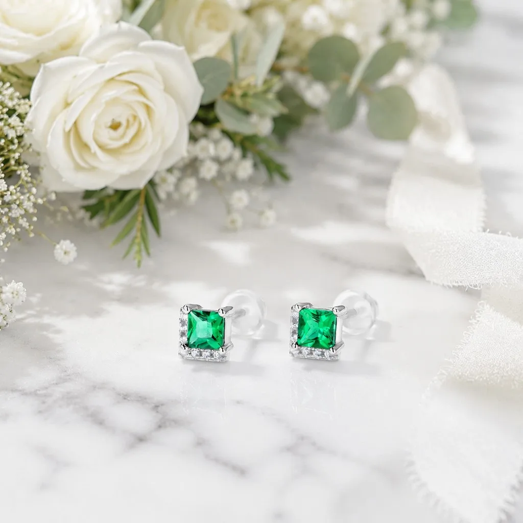 925 Sterling Silver Square Emerald Stud Earrings Geometric Claw Set Certified Engagement Jewelry for Women Party Wedding Gift