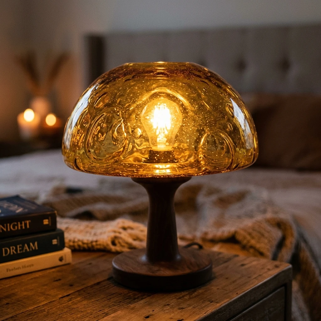 Gros plan de l'abat-jour d'une lampe champignon en verre ambré avec lumière traversante