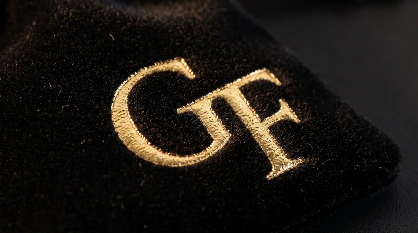 Macro close-up of a gold foil logo stamped onto high-density black velvet.