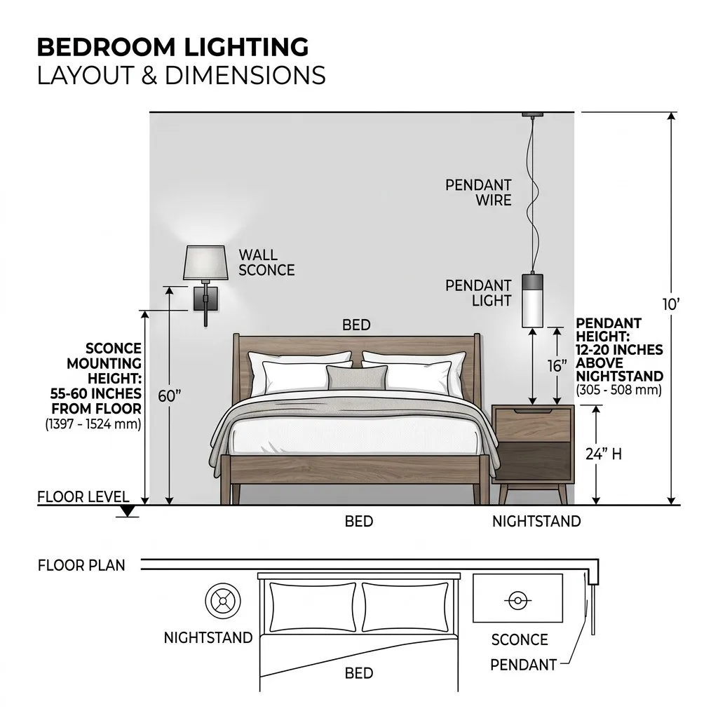 Bedside Sconce and Pendant Installation Height Diagram