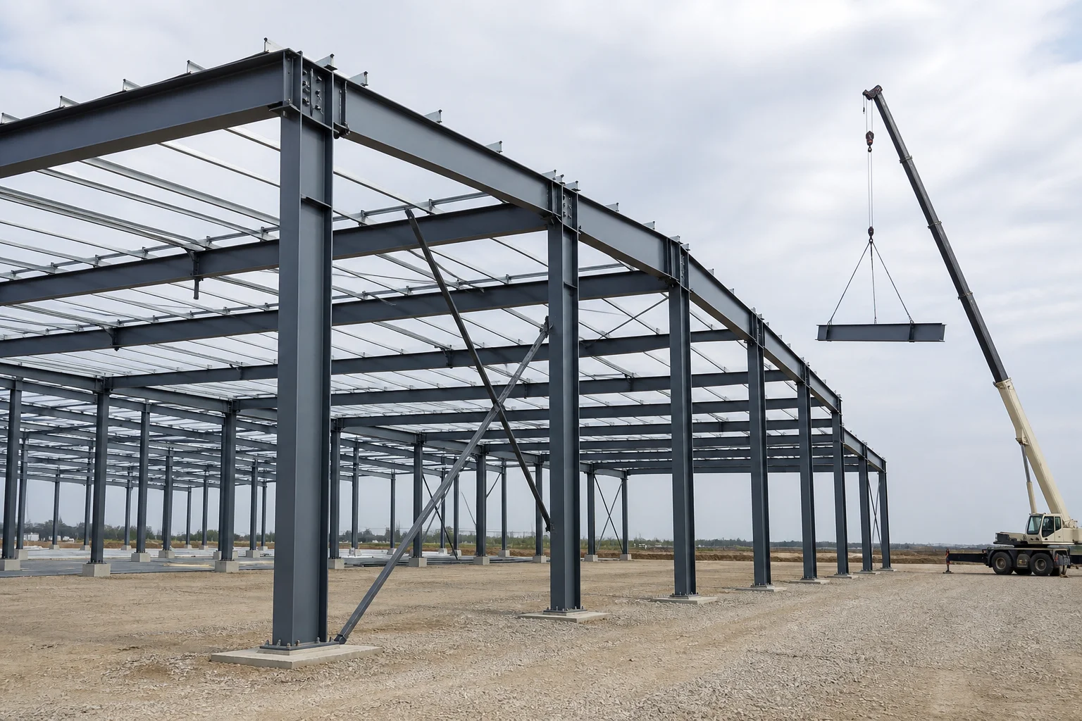 Generic steel portal-frame factory building during erection