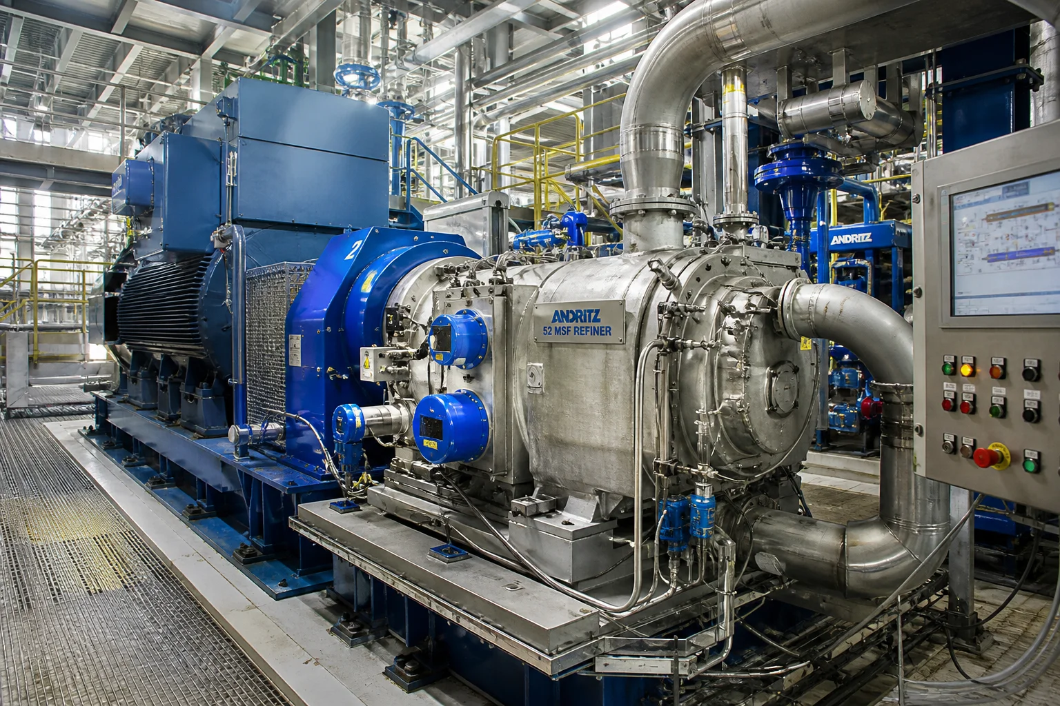 Heavy industrial thermo-mechanical pulping TMP pressurized refiner operating in paper plant