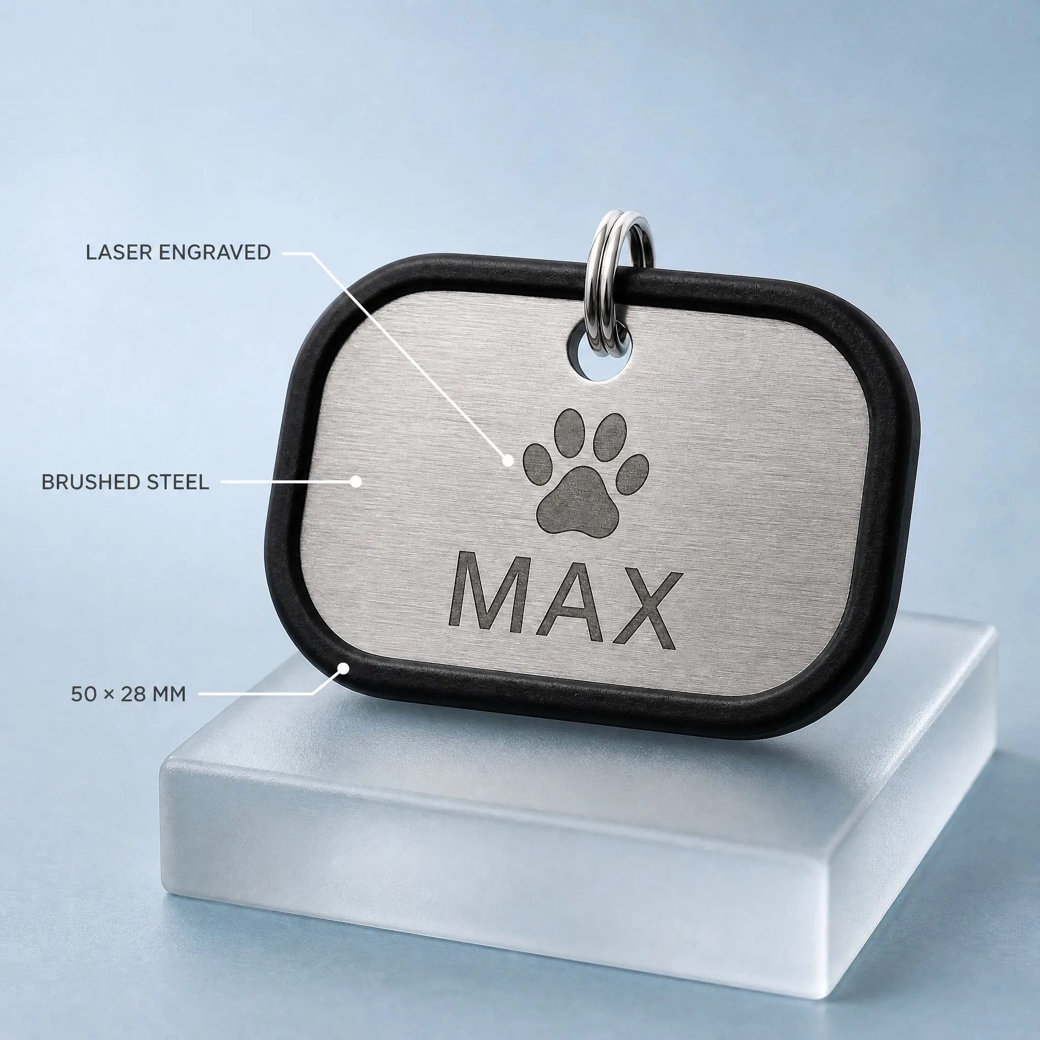 Macro detail of laser engraved paw print and text on brushed steel
