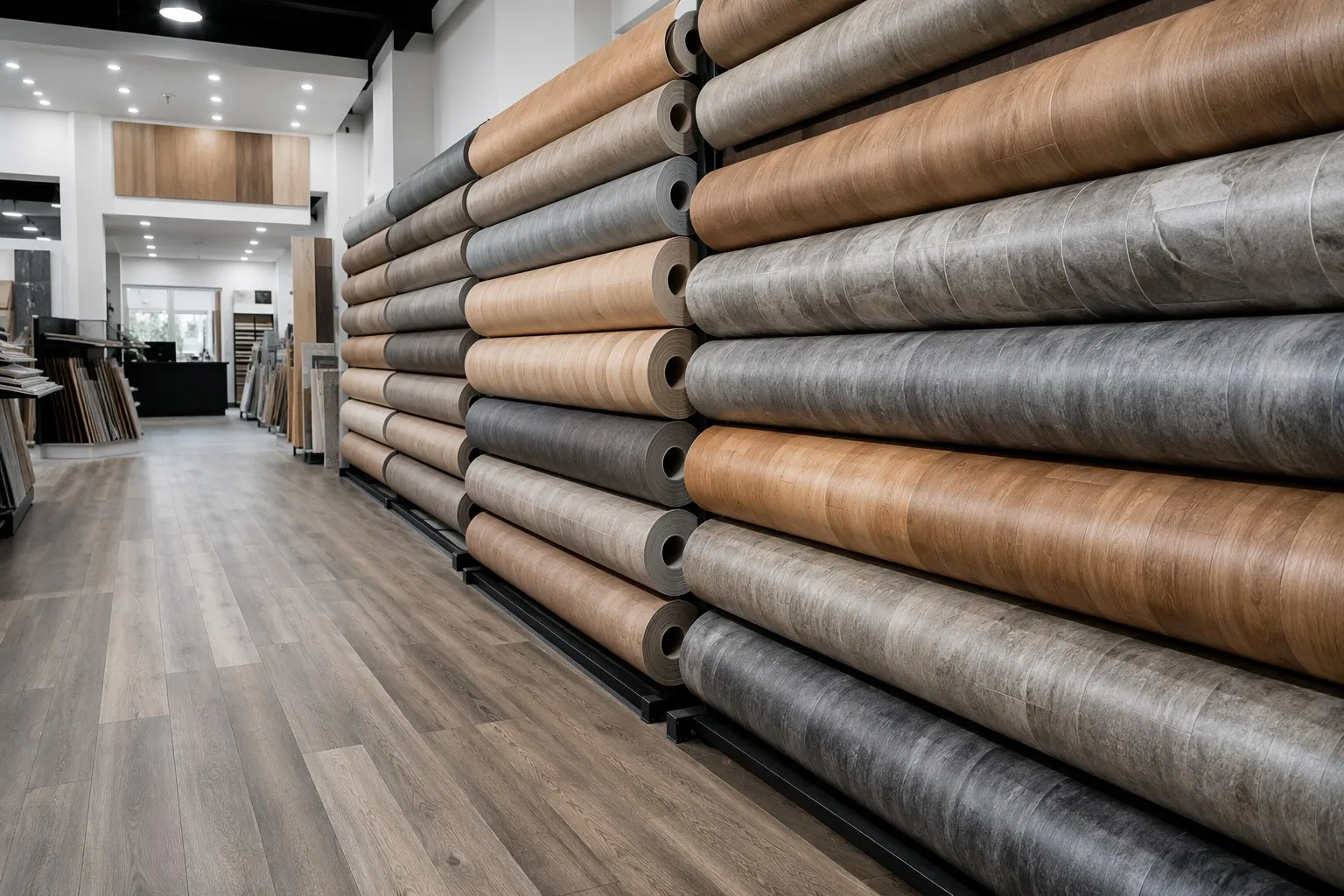 PVC vinyl flooring rolls with wood-grain embossed texture