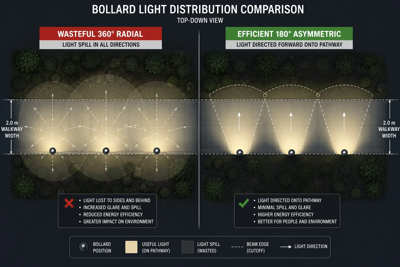 bollard-light-radial-vs-asymmetric-forward-throw-distribution-diagram