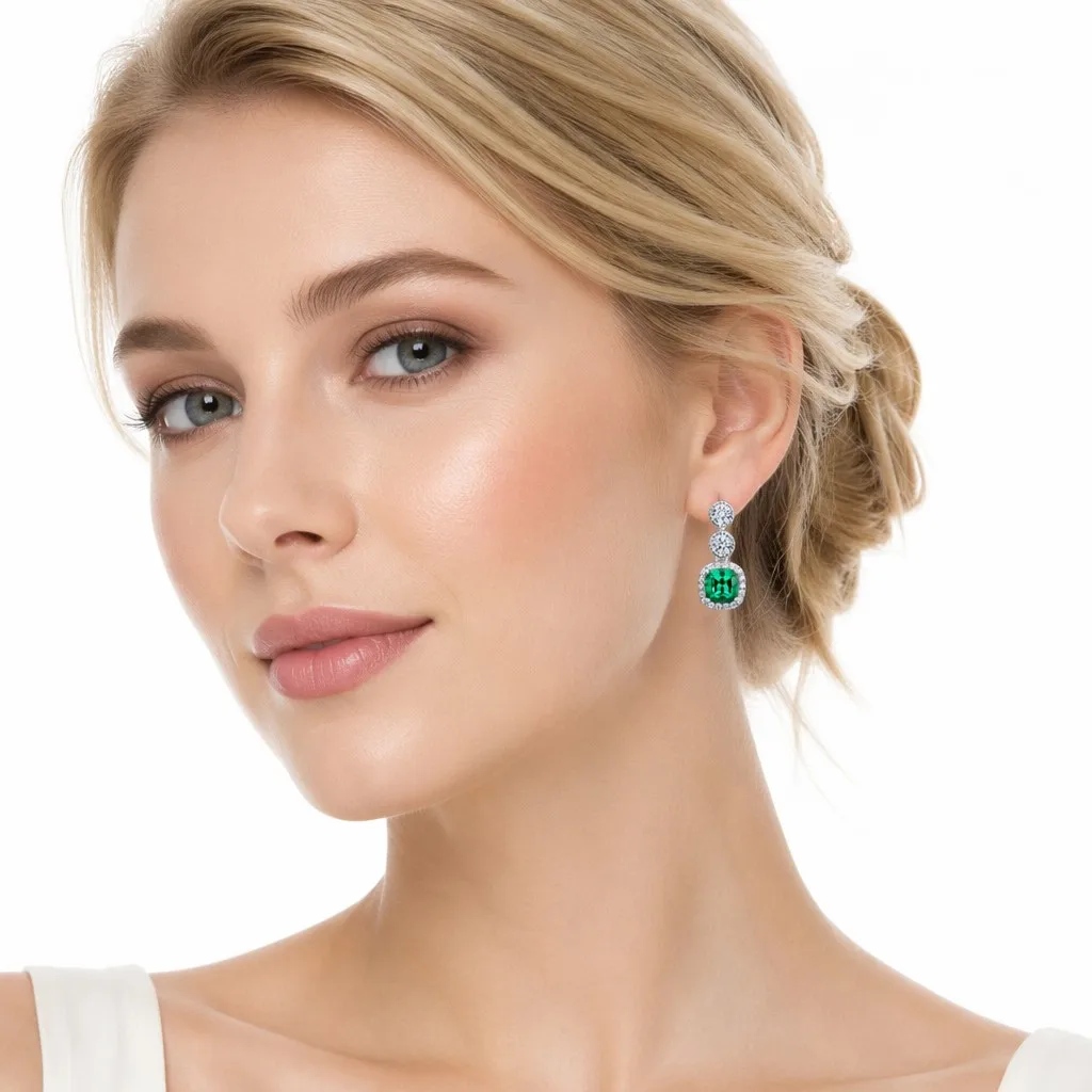 925 Sterling Silver Stud Earrings Green Cushion Cut Gemstone Halo Engagement Luxury for Wedding Party